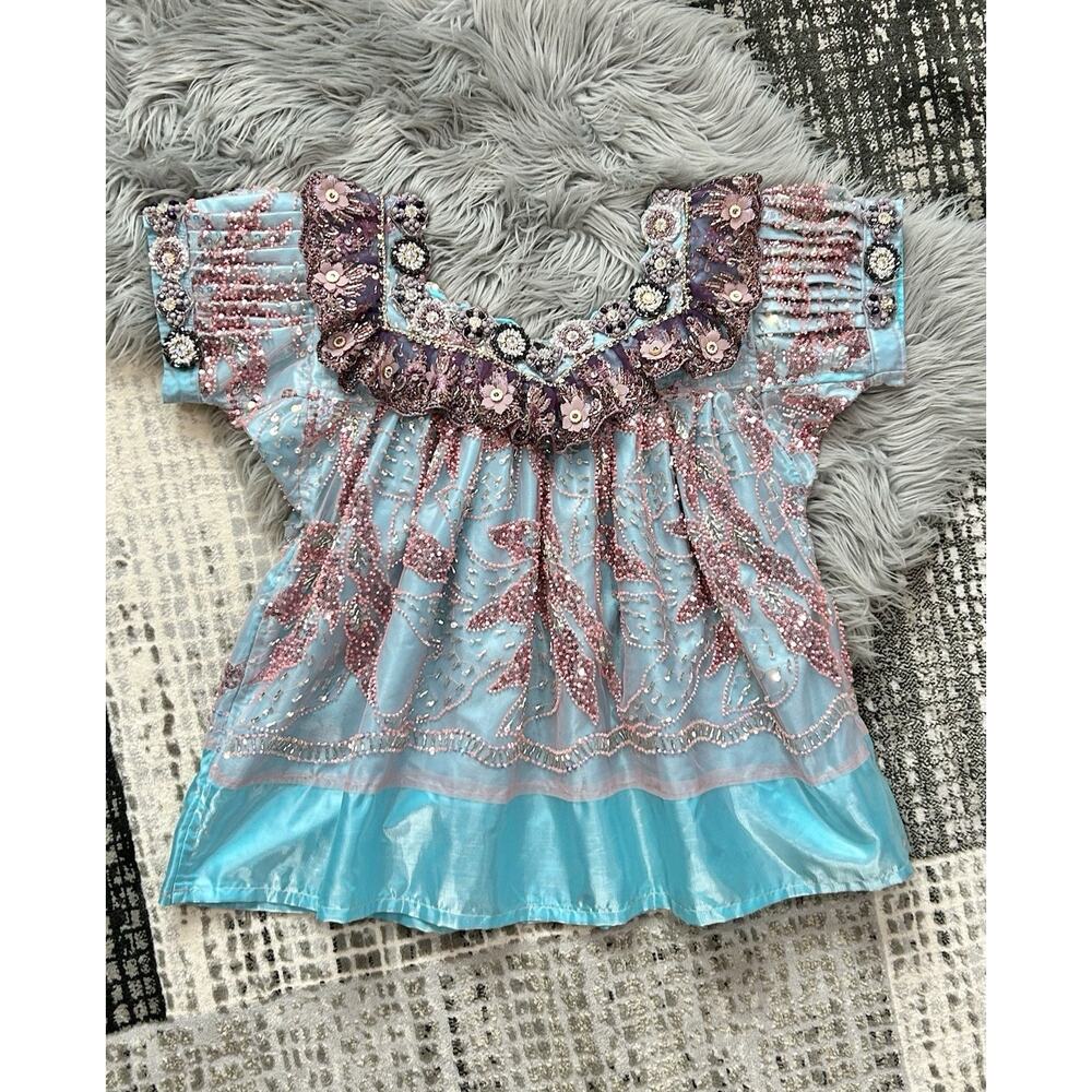 Women's Stunning Hand Beaded Blue‎ Peasant Top Hispanic Celebration Top